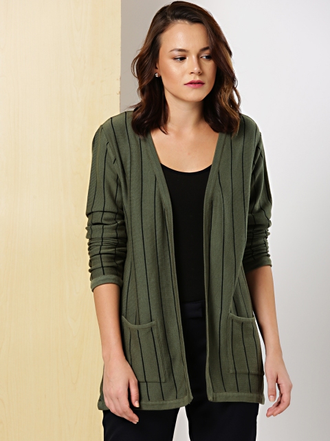 

her by invictus Women Olive Green Striped Longline Front-Open Sweater