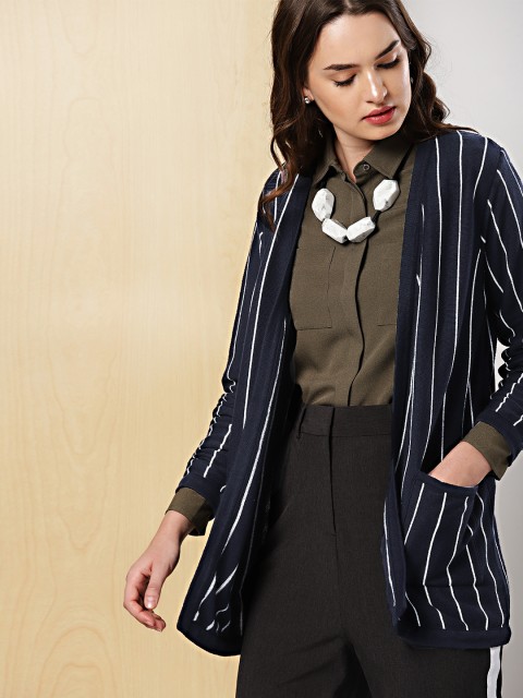 

her by invictus Women Navy Blue & White Self-Design Front-Open Sweater