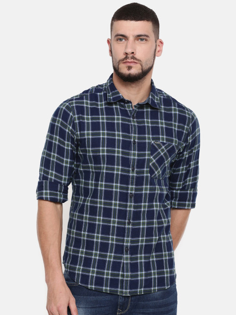

Pepe Jeans Navy Blue & Green Regular Fit Checked Casual Shirt