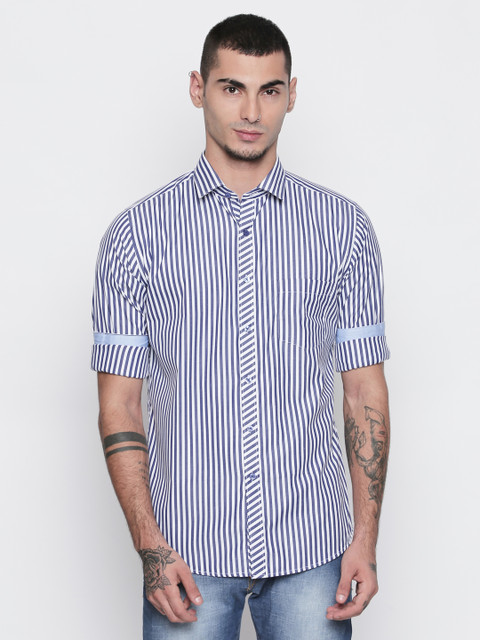 

Solemio Men Blue & White Regular Fit Striped Casual Shirt