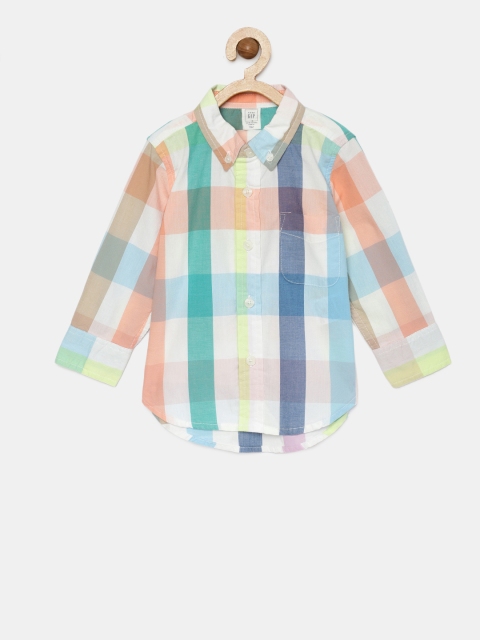 

GAP Baby Boys Peach & Off White Plaid Button Down Shirt