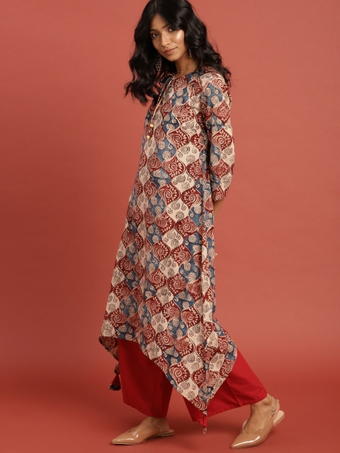 

Taavi Women Beige & Maroon Printed Kalamkari Hand Block Print Sustainable Kurta Set