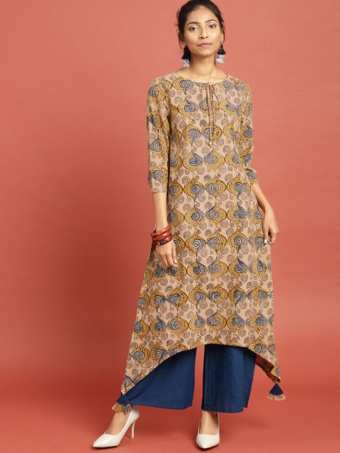 

Taavi Women Beige & Blue Printed Sustainable Kurta with Pyjamas