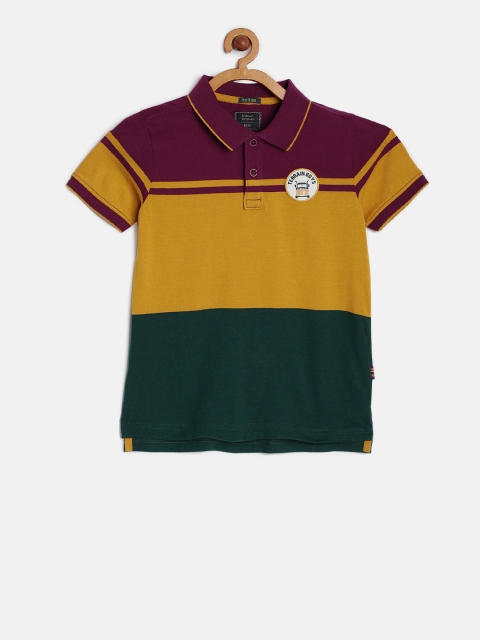 

Indian Terrain Boys Maroon & Mustard Yellow Colourblocked Polo Collar T-shirt