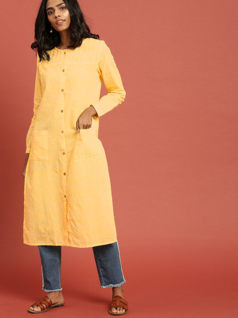 

Taavi Women Yellow South Cotton Woven Legacy Straight Sustainable Kurta with Pockets