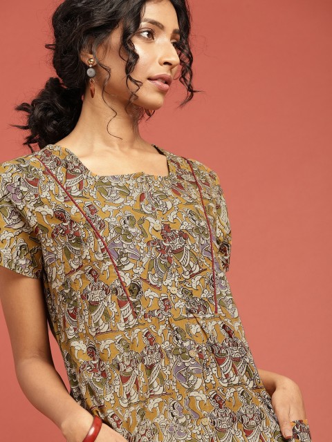 

Taavi Women Mustard Yellow & Maroon Kalamkari Block Print Sustainable A-Line Kurta