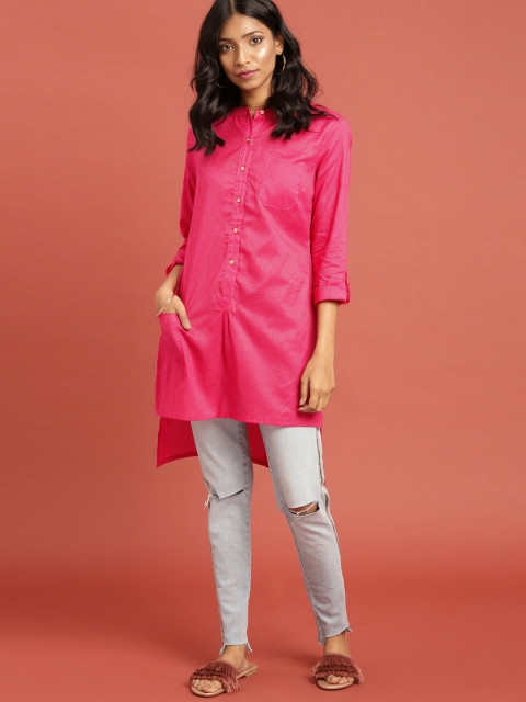 

Taavi Women Pink Self Striped South Cotton Woven Legacy high-Low Sustainable Kurta with Pocket