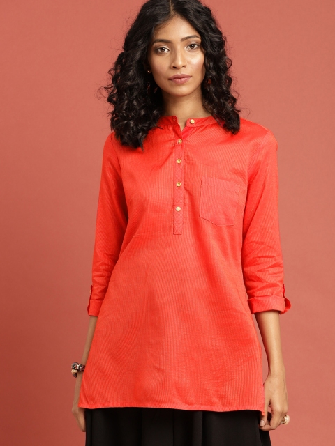 

Taavi Women Orange & Gold-Coloured Striped South Cotton Woven Legacy Top with Pocket
