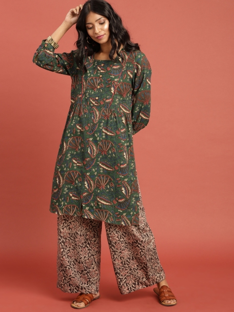 

Taavi Women Green Printed A-Line Sustainable Kurta