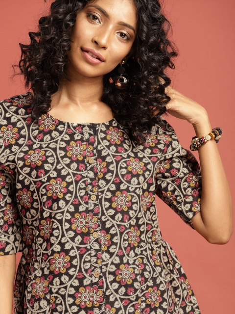 

Taavi Women Black & Beige Kalamkari Block Print A-Line Top with Gathers