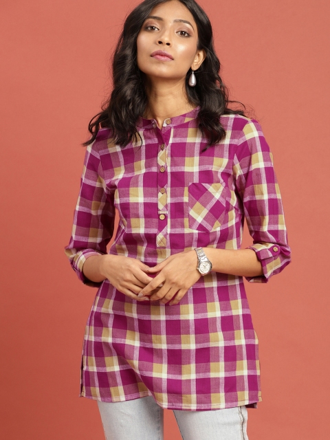 

Taavi Women Pink & Mustard Brown Checked South Cotton Woven Legacy Shirt Style Top with Pockets