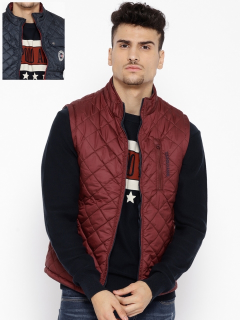 

U.S. Polo Assn. Men Navy Blue & Maroon Solid Reversible Quilted Jacket