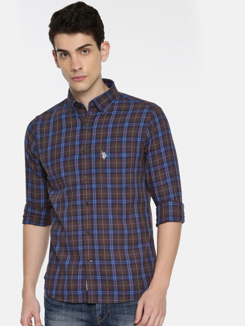 

U.S. Polo Assn. Men Brown & Blue Tailored Fit Checked Casual Shirt