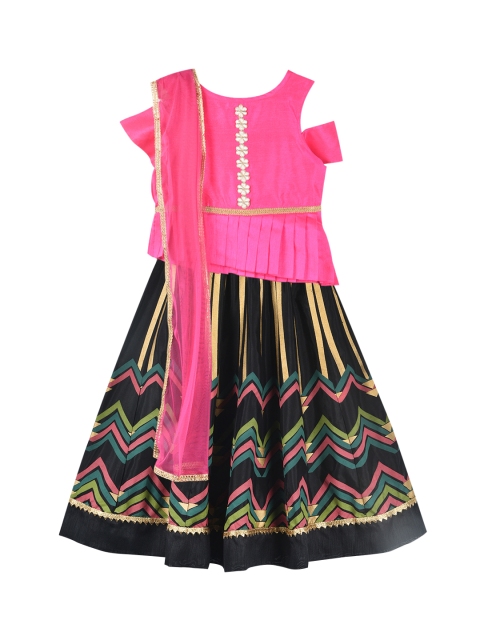 

K&U Girls Pink & Black Solid Ready to Wear Lehenga & Blouse with Dupatta