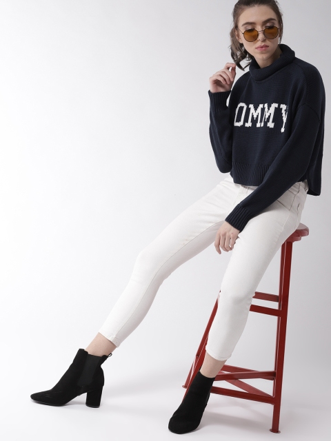 

Tommy Hilfiger Women Navy Blue Self Design Cropped Pullover
