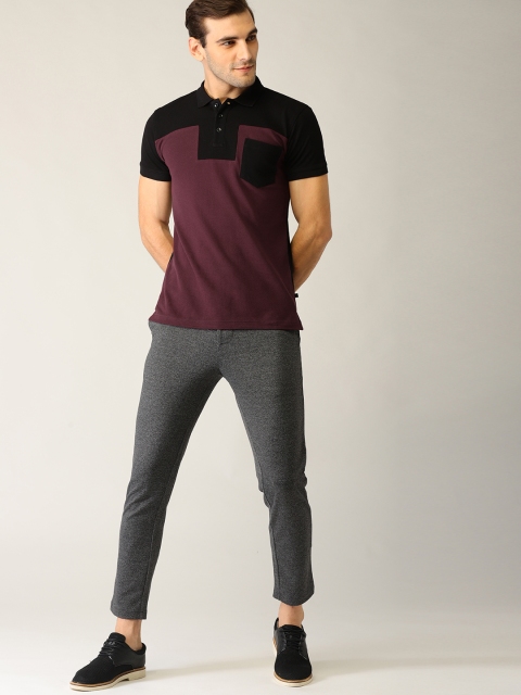 

United Colors of Benetton Men Burgundy & Black Colourblocked Polo Collar T-shirt