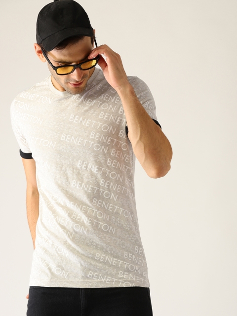 

United Colors of Benetton Men Grey Melange Printed Round Neck T-shirt