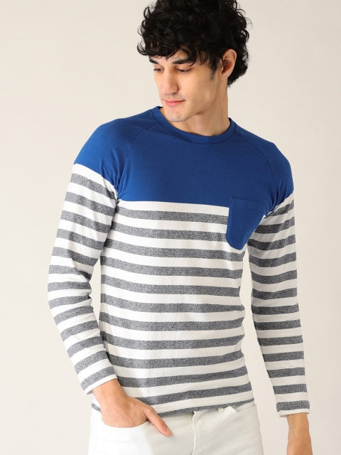 

United Colors of Benetton Men White Grey Melange Striped Round Neck Pure Cotton T-shirt