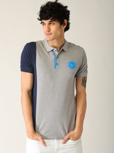 United Colors of Benetton Men Grey Melange & Navy Blue Colourblocked Polo Collar T-shirt
