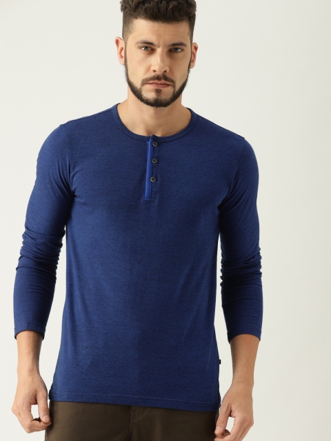 

United Colors of Benetton Men Navy Blue Solid Henley Neck T-shirt
