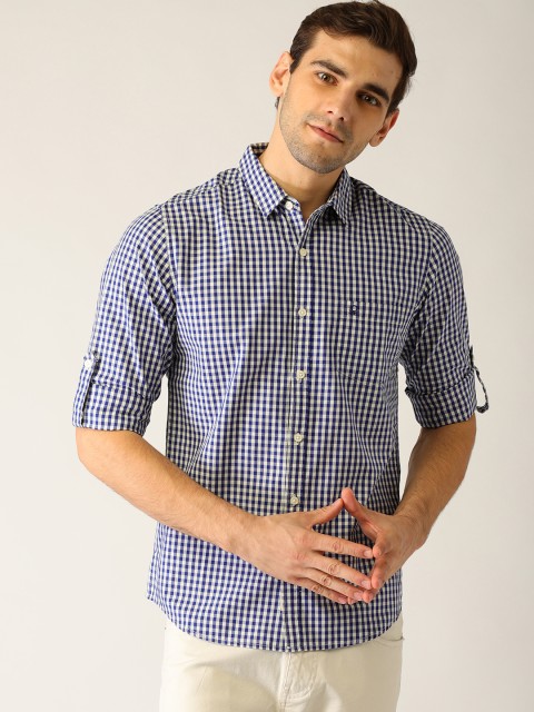 

United Colors of Benetton Men Navy Blue & White Slim Fit Checked Casual Shirt