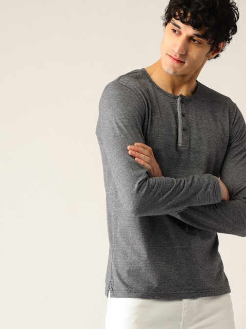 

United Colors of Benetton Men Black & Grey Striped Henley Neck T-shirt