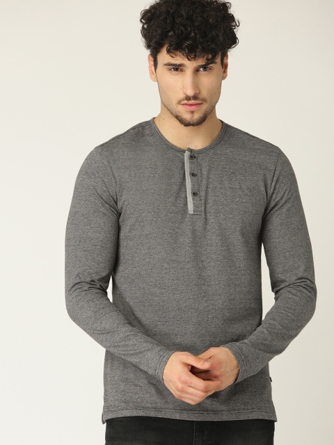 

United Colors of Benetton Men Black & Grey Striped Henley Neck T-shirt