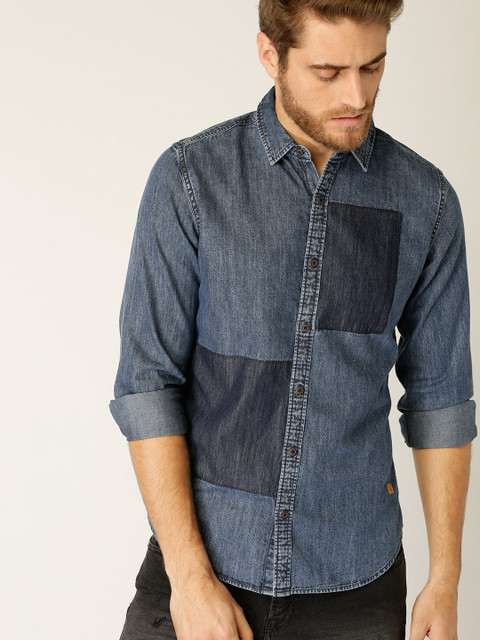 

United Colors of Benetton Men Blue Slim Fit Solid Denim Casual Shirt