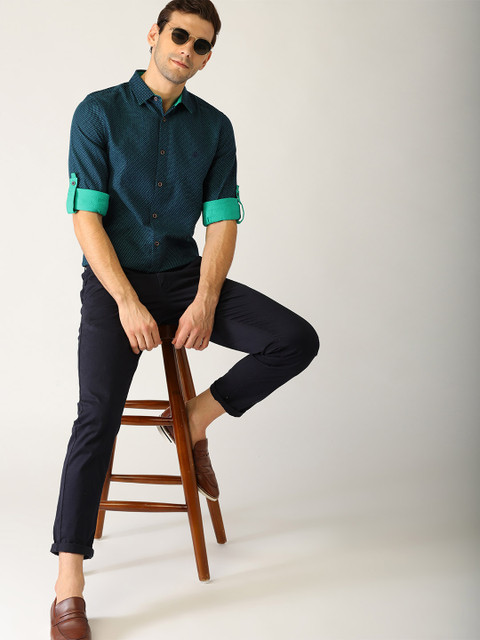 

United Colors of Benetton Men Navy Blue & Green Slim Fit Self-Design Casual Shirt