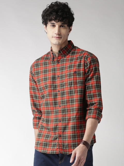 

Aeropostale Men Olive Green & Orange Regular Fit Checked Casual Shirt