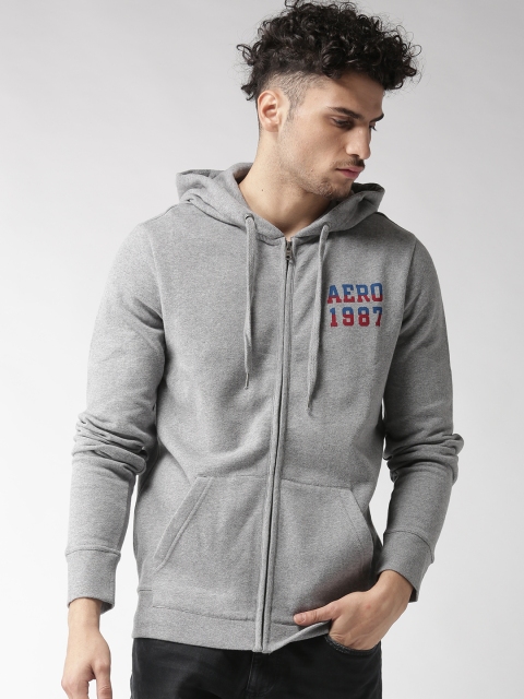 

Aeropostale Men Grey Melange Printed Back Hooded Sweatshirt