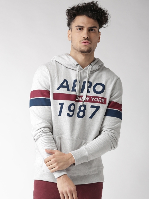 

Aeropostale Men Grey Melange Printed Hooded Sweatshirt