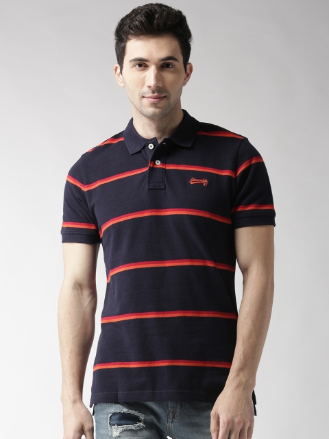 

Aeropostale Men Navy Blue Striped Polo Collar Pure Cotton T-shirt
