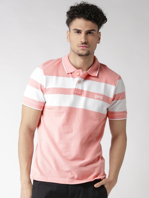 

Aeropostale Men Pink & White Striped Polo Collar T-shirt