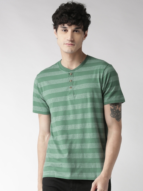 

Aeropostale Men Green Striped Henley Neck T-shirt
