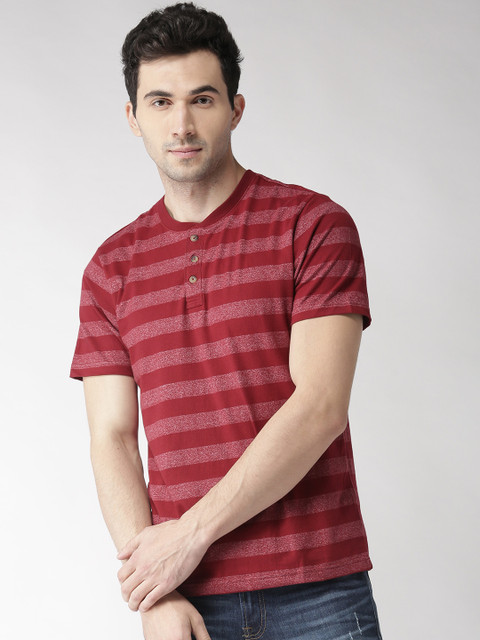 

Aeropostale Men Red Striped Henley Neck T-shirt