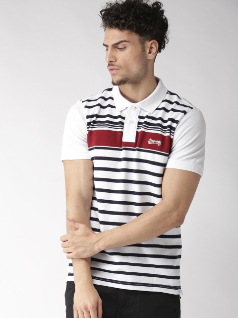 

Aeropostale Men White & Navy Striped Polo Collar T-shirt