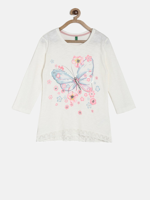 

United Colors of Benetton Girls Off-White Printed Round Neck T-shirt