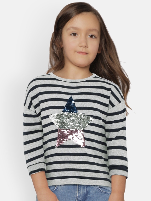 

United Colors of Benetton Girls Grey & Navy Blue Striped Pullover