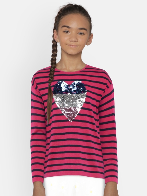 

United Colors of Benetton Girls Pink & Black Striped Pullover Sweater