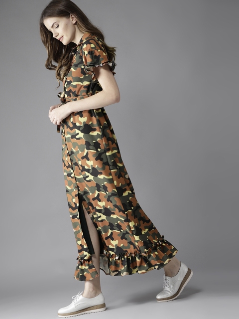 

HERE&NOW Women Olive Green & Brown Printed Maxi Dress