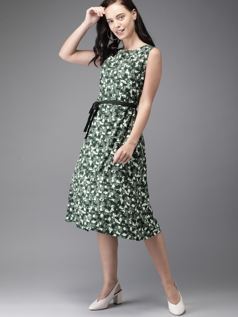 

HERE&NOW Women Olive Green & White Printed Fit and Flare Dress