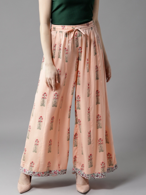 

HERE&NOW Women Peach-Coloured & Green Printed Wide Leg Palazzos