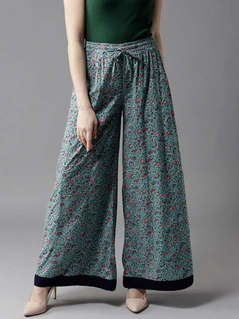 

HERE&NOW Women Green & Peach-Coloured Printed Wide Leg Palazzos