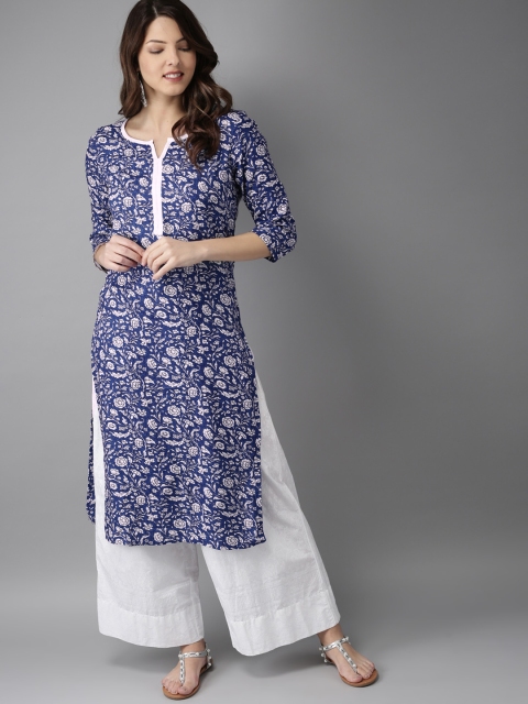 

HERE&NOW Women Blue & White Floral Printed Straight Kurta