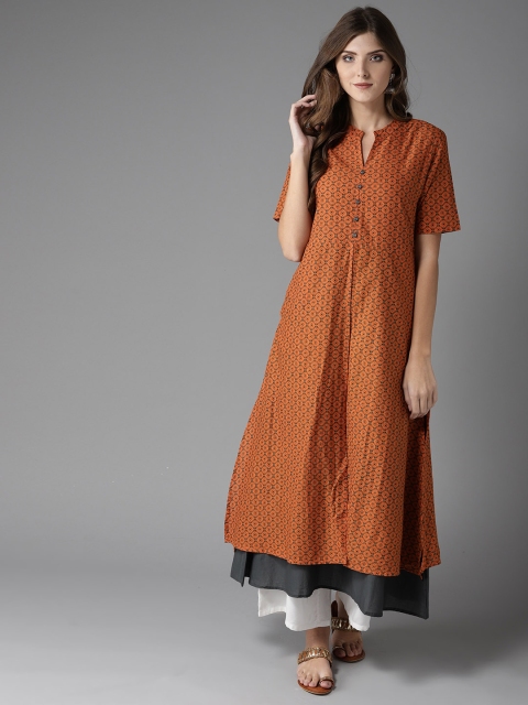 

HERE&NOW Women Orange & Grey Layered Printed A-Line Kurta