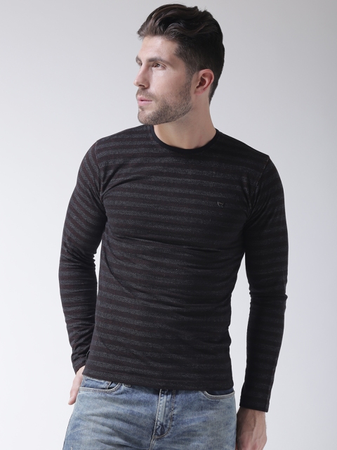 

Okane Men Charcoal Grey & Rust Red Striped Round Neck T-shirt