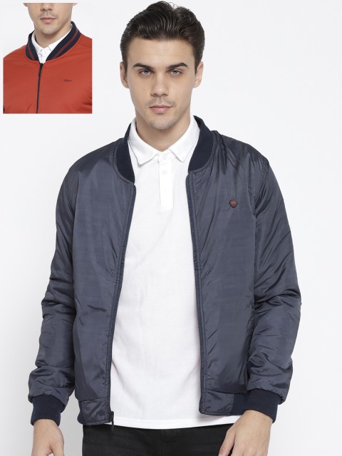 

Okane Men Navy Blue & Orange Solid Reversible Bomber Jacket