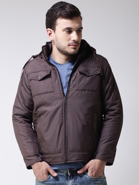 

Okane Men Coffee Brown Solid Padded Jacket with Detachable Hood