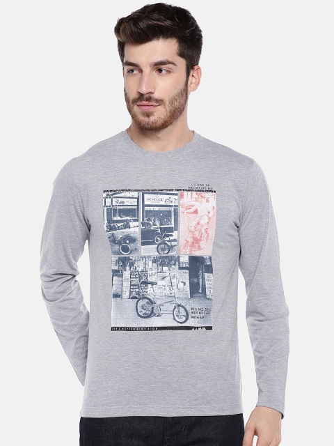 

Okane Men Grey Melange Printed Round Neck T-shirt